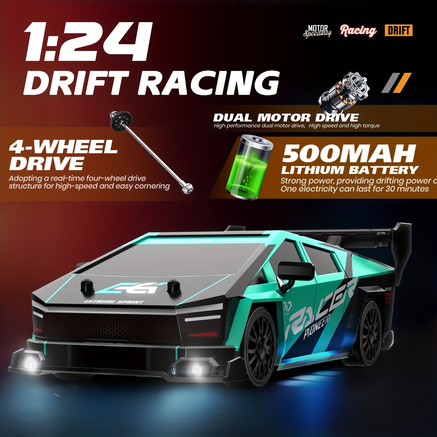 RC Drift Auto 1:24 | 4WD Afstandsbediening Racewagen met Driftbanden