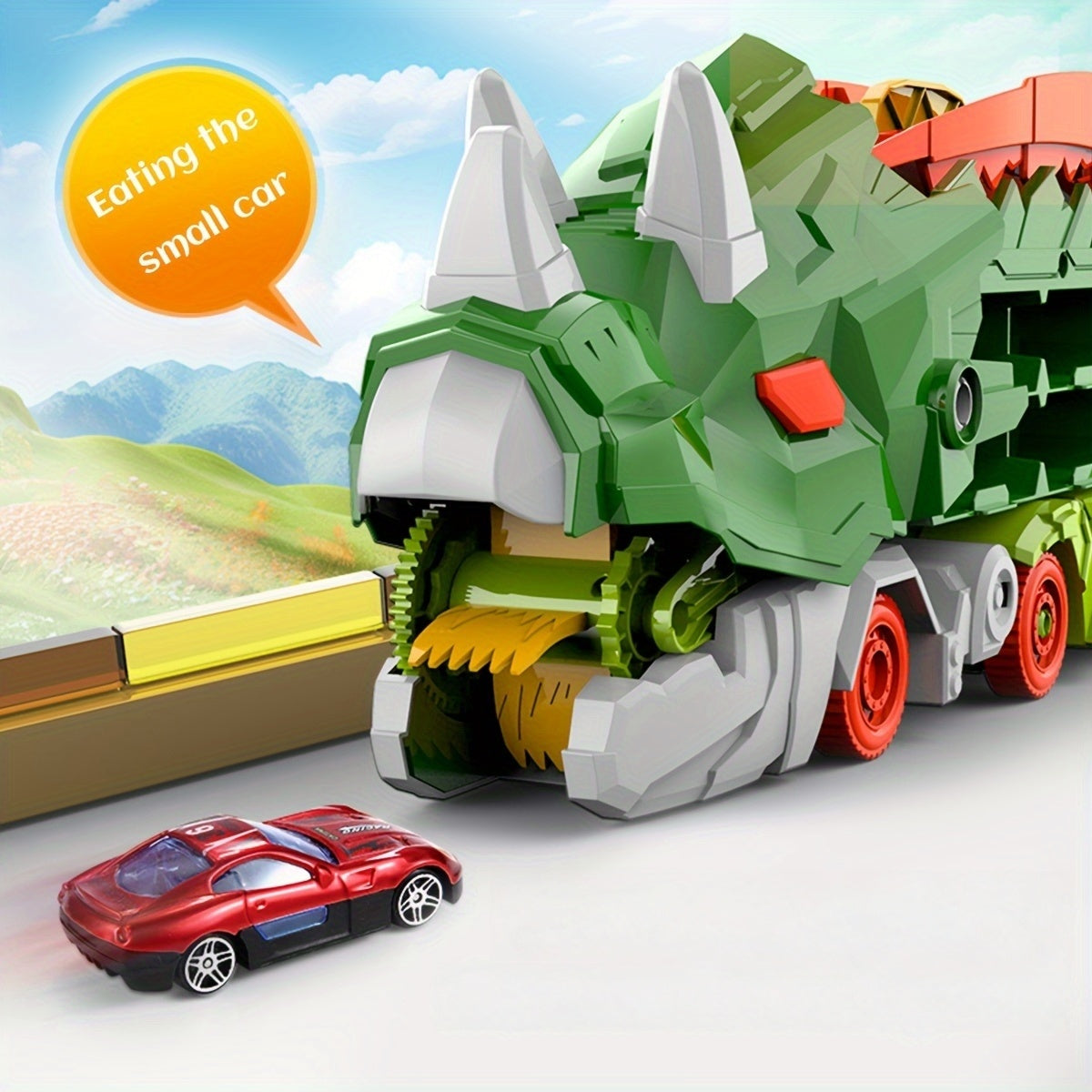 Triceratops Transport Truck 3-in-1 Speelset | Transformeerbaar Spoorweg-Lanceervoertuig | Inclusief Meerdere Metaalauto’s | Voor 3+ Jaar | Paars & Groen