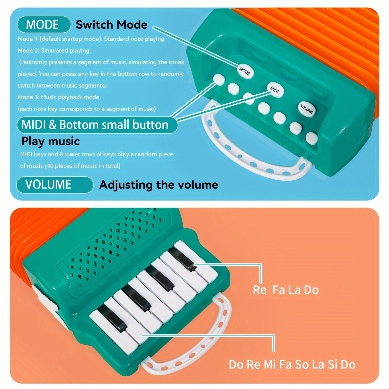 Kinderaccordeon speelgoed - 12-toetsen keyboard, 3 speelmodi, kerstcadeau