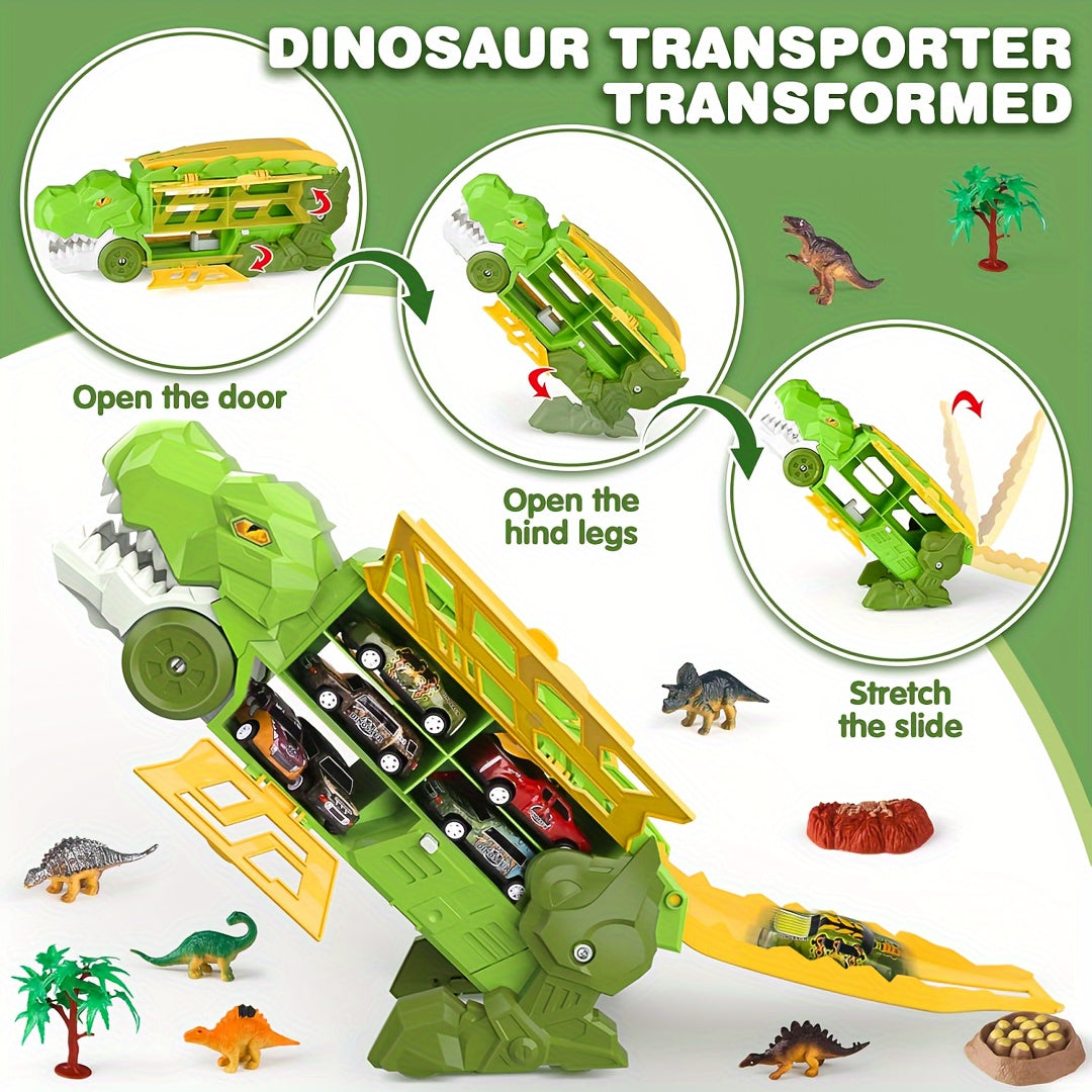 Dinosaurus Transporter Truck met Vouwbare Racebaan & Legering Auto's | Wind-Aangedreven Dino Vrachtwagen | Perfect Cadeau voor Kinderen 3-7 | Blauw & Groen | Educatief Speelgoed