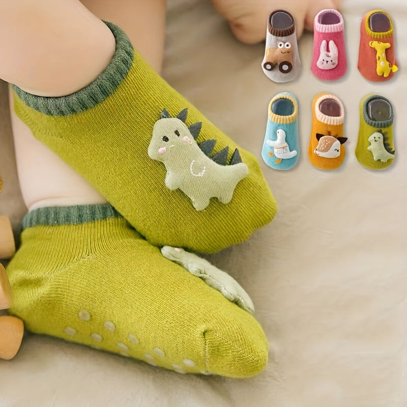 3 Paar Baby Jongens Cartoon Dieren Dino Decor Onderkant Rubberen Antislip Sportsokken | Comfortabele, Ademend Zachte Sokken voor Baby's