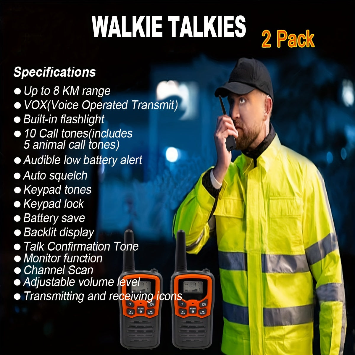 2-Pack Walkie Talkies | 8KM Bereik, LCD, Outdoor Kamperen