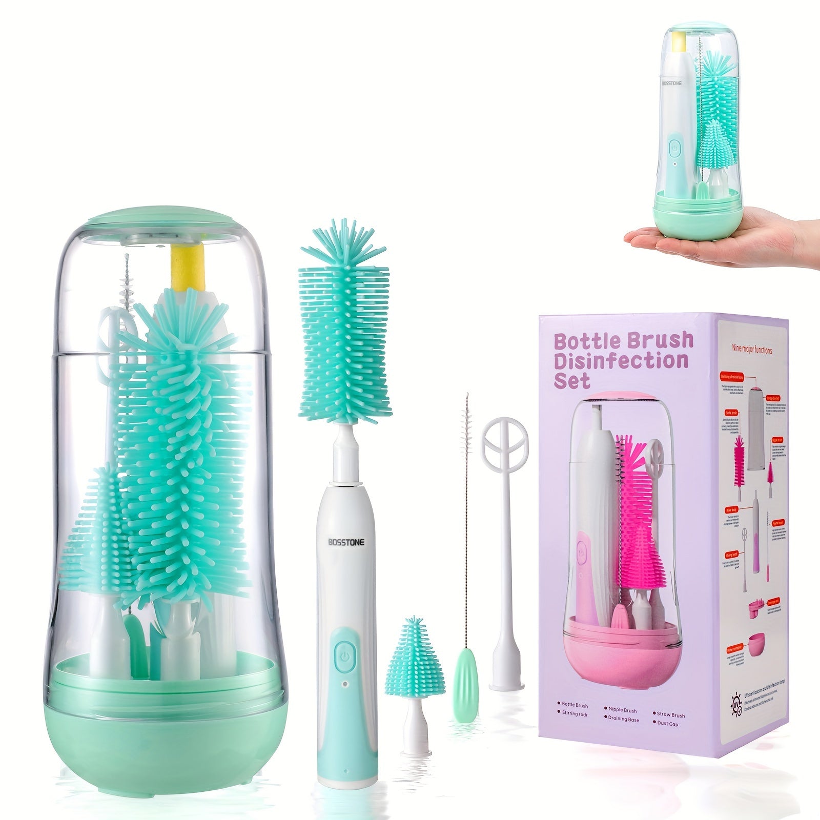 Kit de Brosses Électriques Rechargeables pour Biberons - Brosse en Silicone 4-en-1 Portable Voyage - Cadeau Indispensable pour Nouveaux Parents