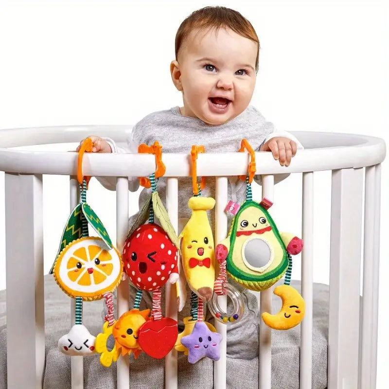 4-delige Baby Wagenspiraal Rammelaar | Pluche Speelgoed met Fruitdesign en Bevestiging