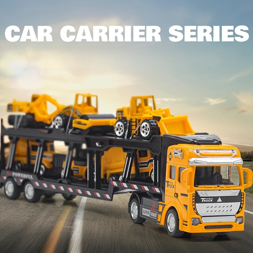 32cm Die-Cast Truck Set | 1x Vrachtwagen + 6 Mini Bouwvoertuigen | Vanaf 3 Jaar