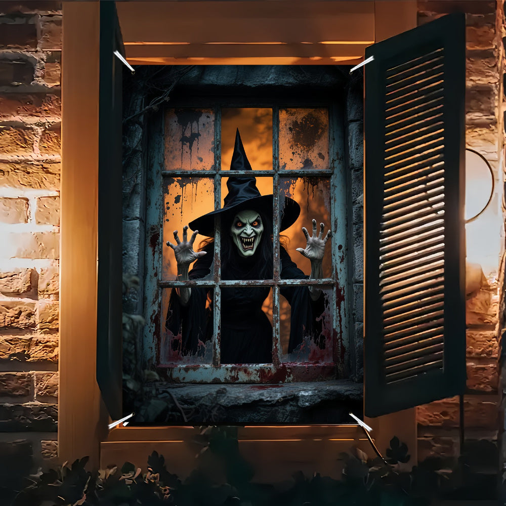 Halloween Party Banner | Grote polyester wanddecoratie met heks design, 200x120 cm, indoor/outdoor