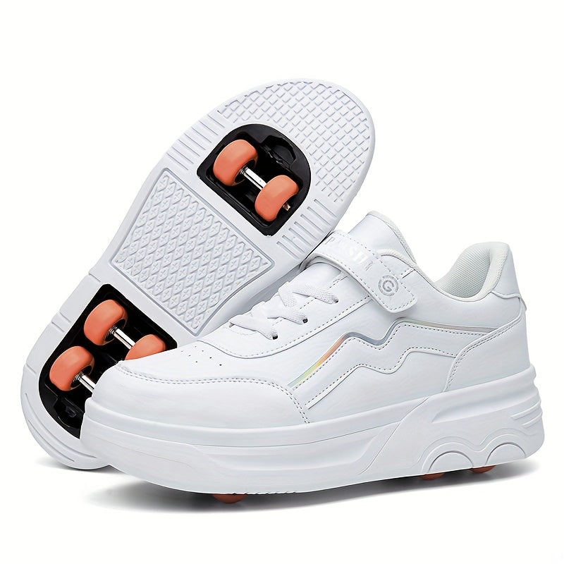 Coole Rolschaats Schoenen voor Kinderen en Tieners (t/m 14 Jaar) - Zwart/Wit Retro Sneakers met 6 Wieltjes - Unisex Sportschoenen voor Jongens en Meisjes