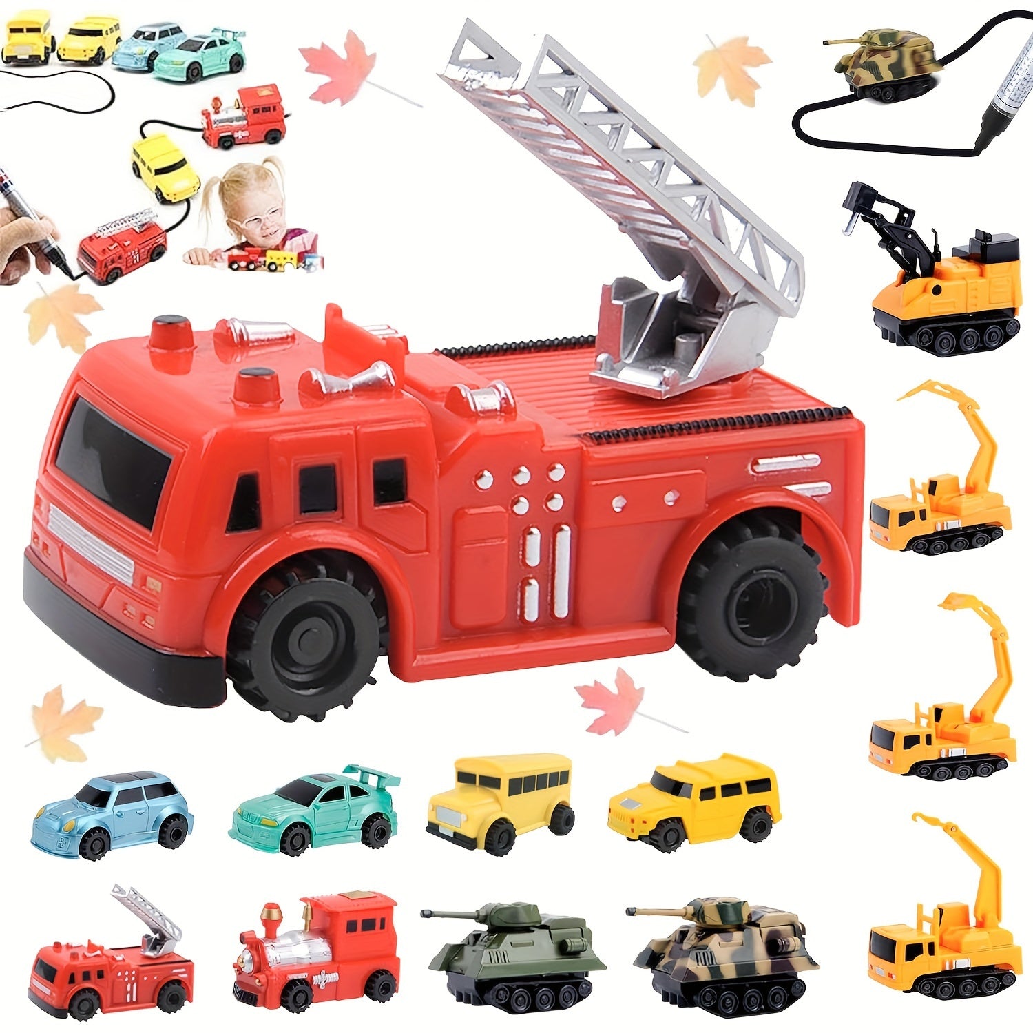 Creatief Tekenlijn & Volg Speelgoed Auto Set voor Jonge Kinderen - Inclusief Racen, Trein, Brandweerwagen, Schoolbus, Off-Road Voertuigen - Perfect Verjaardag, Kerst, Halloween Cadeau - Willekeurige Kleuren, Beste voor Kerst