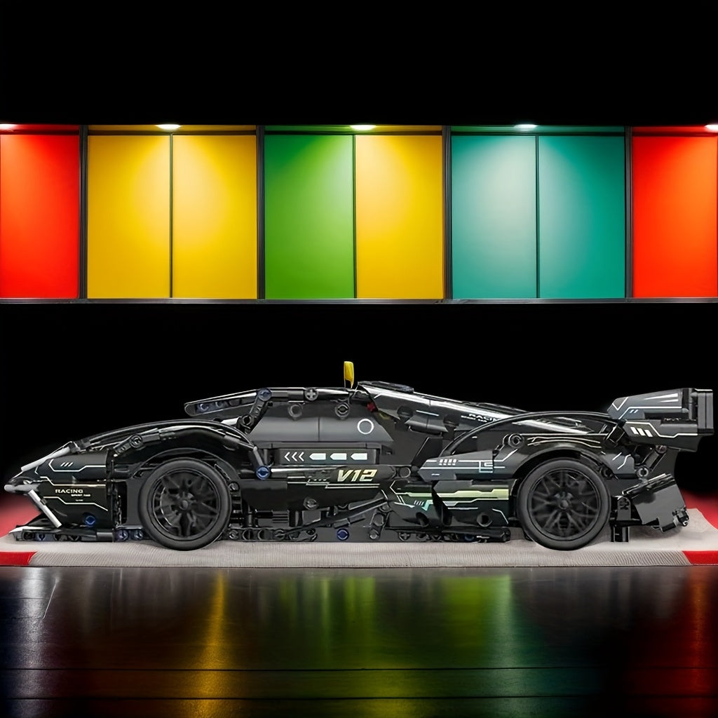 DIY Bouwset 1330 Stuks – Zwarte Sportauto in Blokken, Racewagen voor Kinderen & Volwassenen, Cadeau voor Kerst & Verjaardag