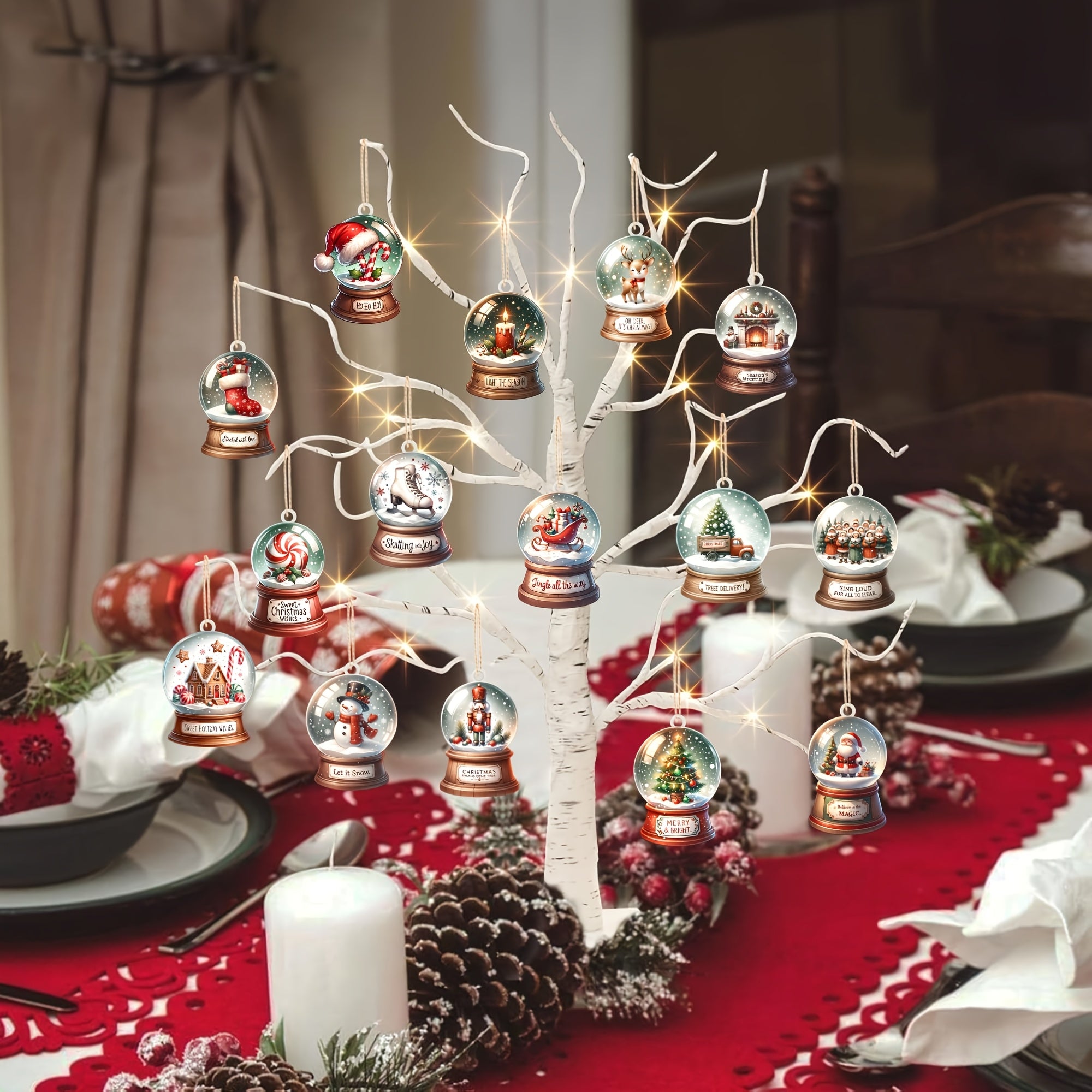 Set van 15 Houten Sneeuwbol Ornamenten - Kerstboom- en Huisdecoratie, Uniek Vakantiecadeau