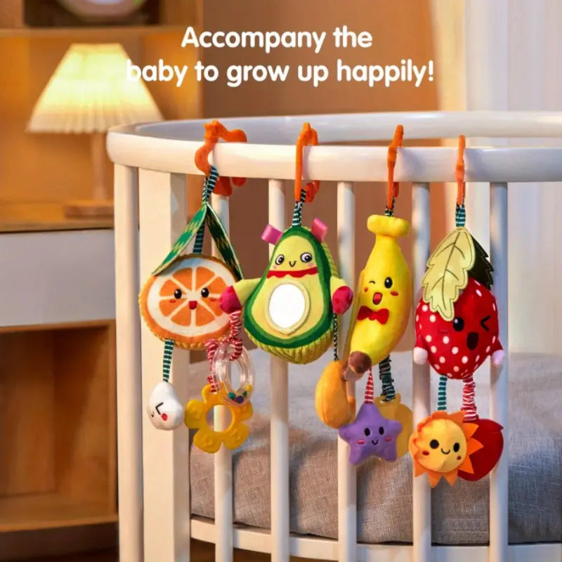 4-delige Baby Wagenspiraal Rammelaar | Pluche Speelgoed met Fruitdesign en Bevestiging