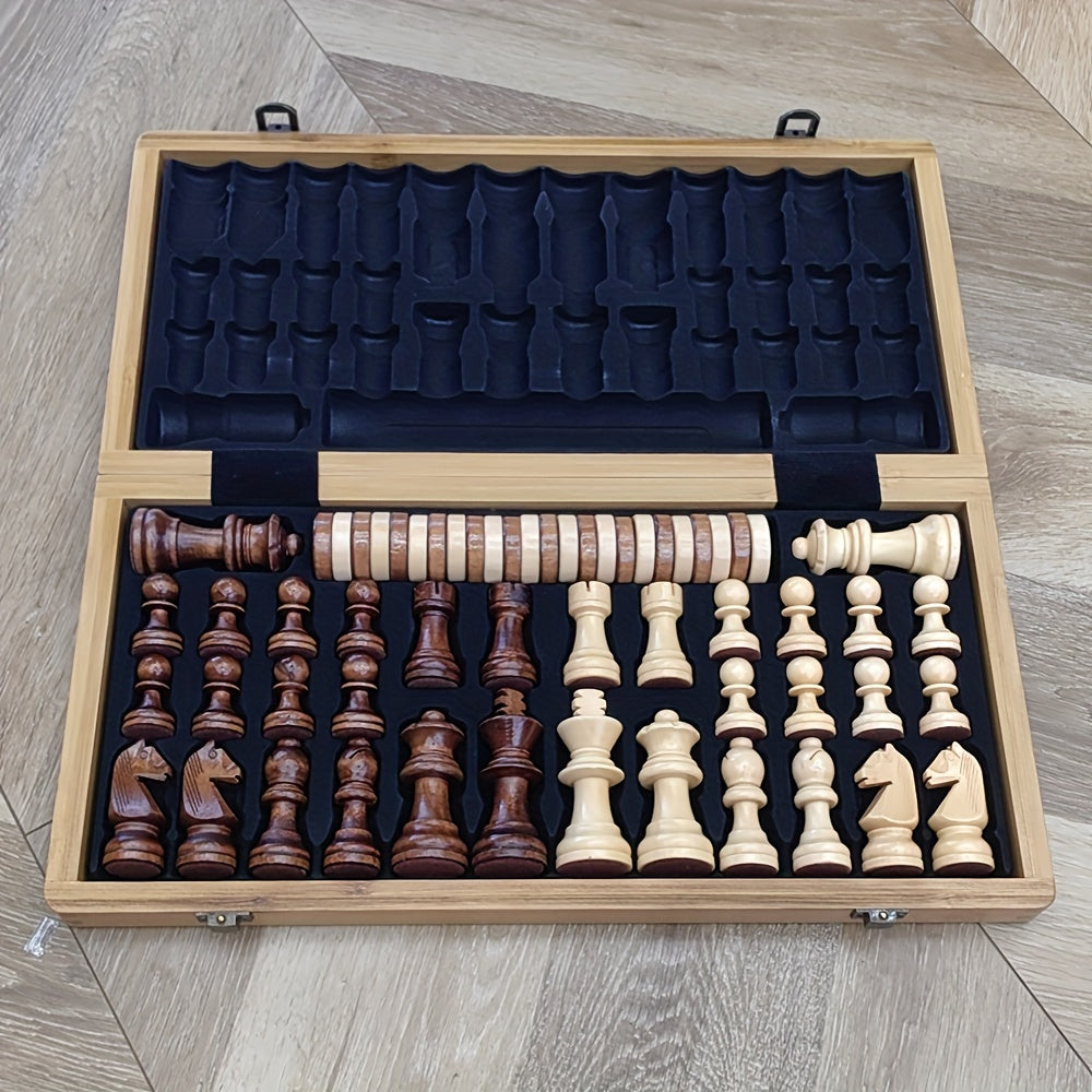 30.5 cm Groot Houten Schaak- en Damspel – Opvouwbaar Strategie Bordspel met Luxe Opbergdoos
