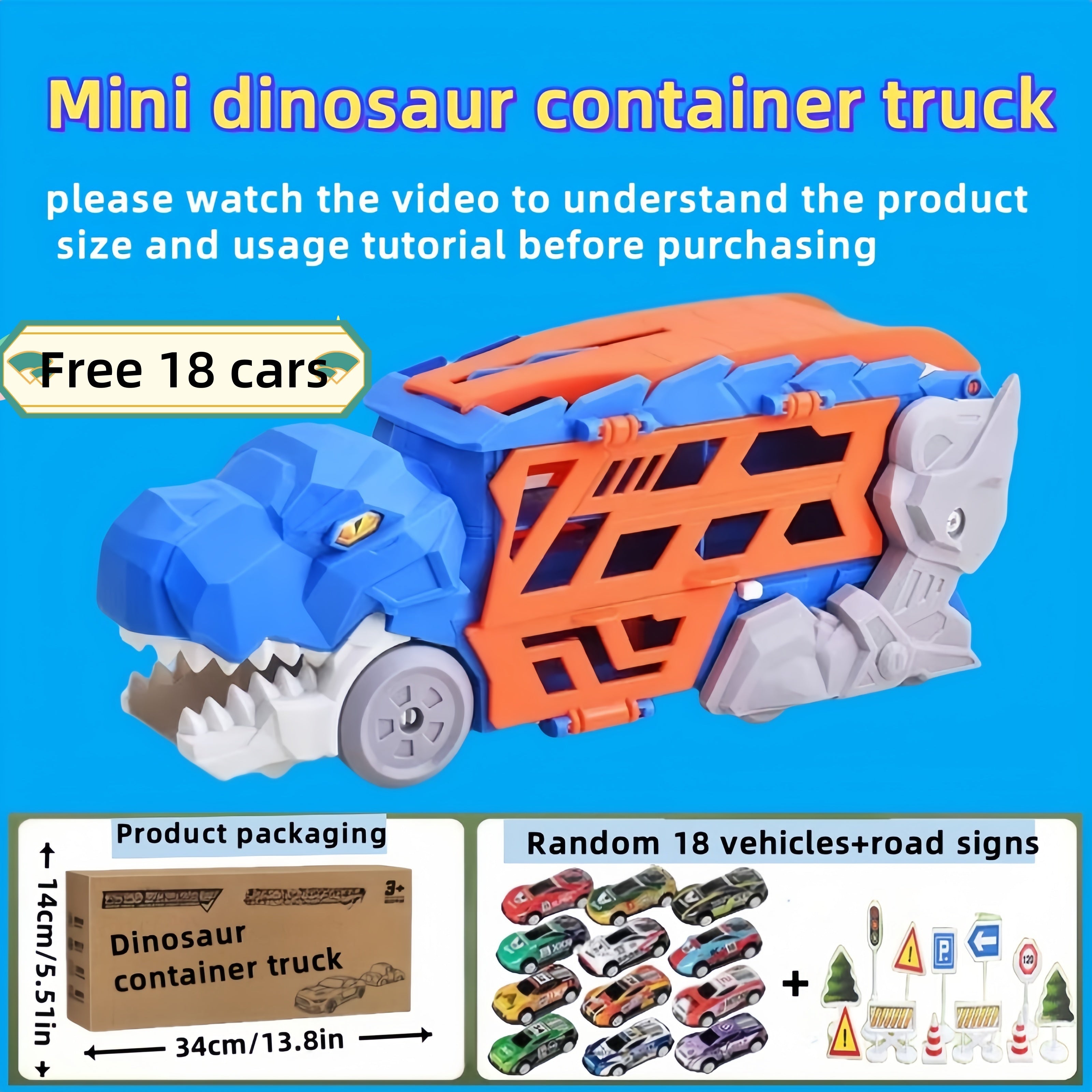 Dinosaurus Transporter Truck met Vouwbare Racebaan & Legering Auto's | Wind-Aangedreven Dino Vrachtwagen | Perfect Cadeau voor Kinderen 3-7 | Blauw & Groen | Educatief Speelgoed