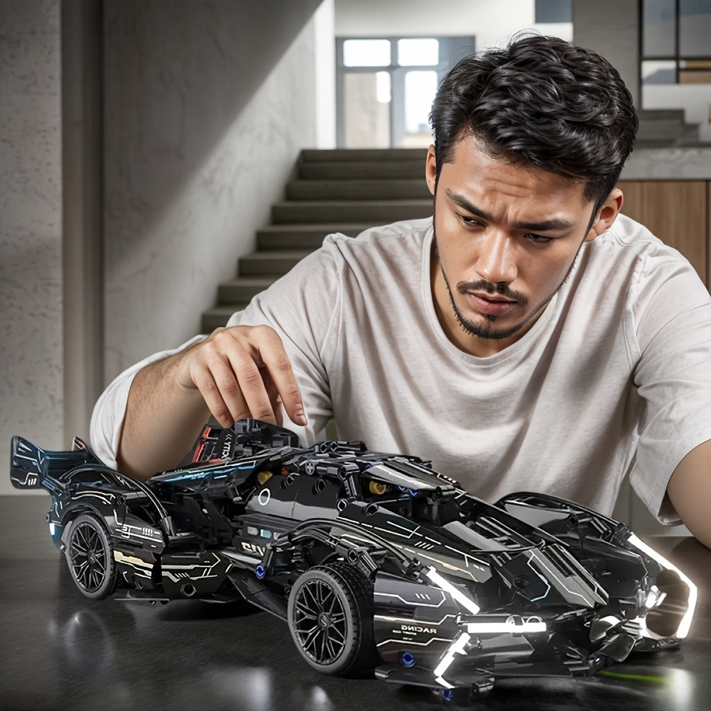 DIY Bouwset 1330 Stuks – Zwarte Sportauto in Blokken, Racewagen voor Kinderen & Volwassenen, Cadeau voor Kerst & Verjaardag