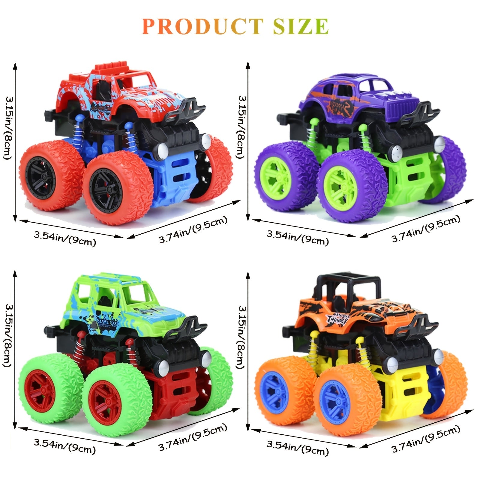 4x Wrijvingsmonstertrucks | Push & Go Inertia Auto’s met 360° Rotatie, Cadeau 3+ Jaar