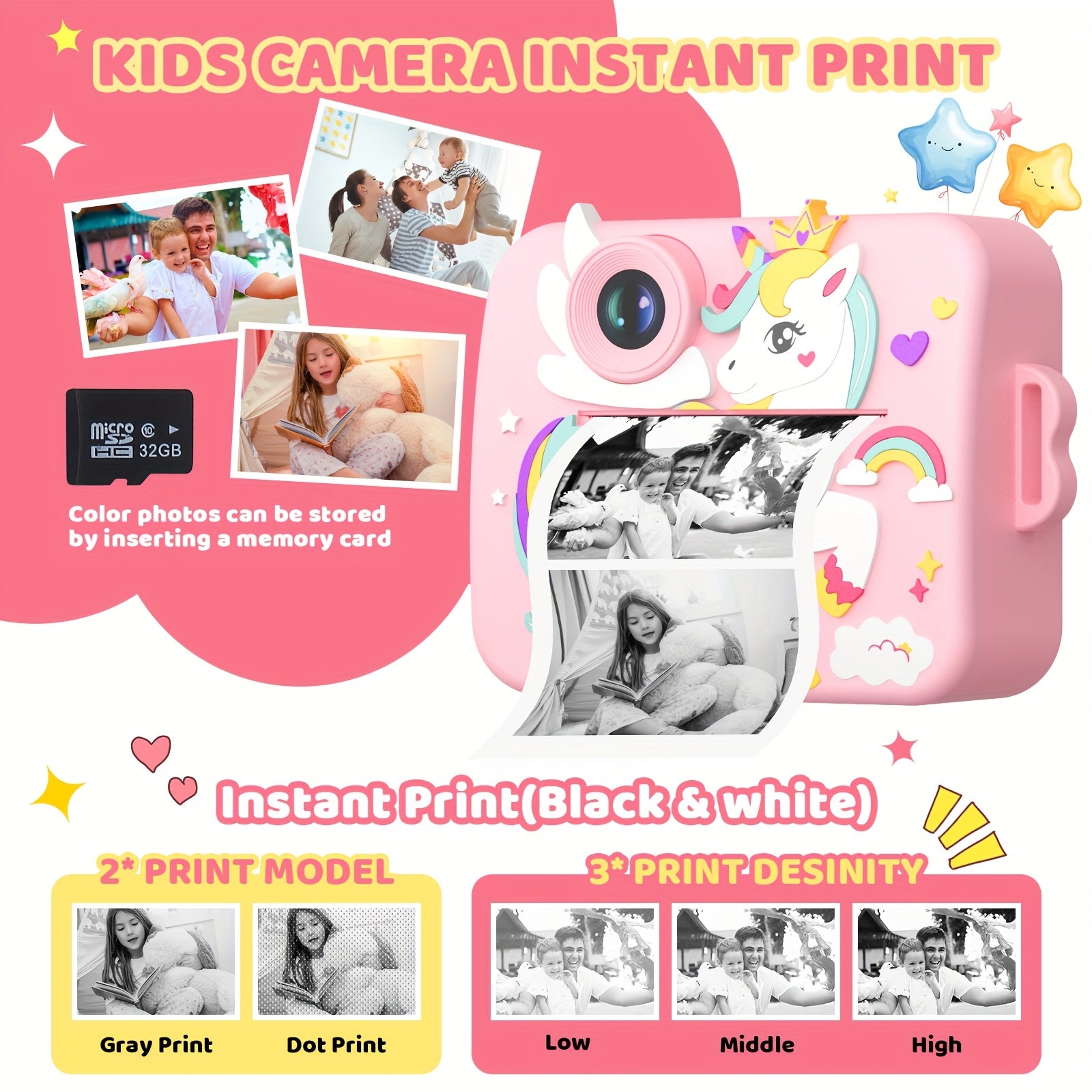 Direct-Klaar Printcamera voor Kinderen van 3-12 Jaar - Digitaal Fototoestel met Selfiecamera voor Jongens en Meisjes - Creatief Speelgoed Cadeau Inclusief Printrollen en Stiften