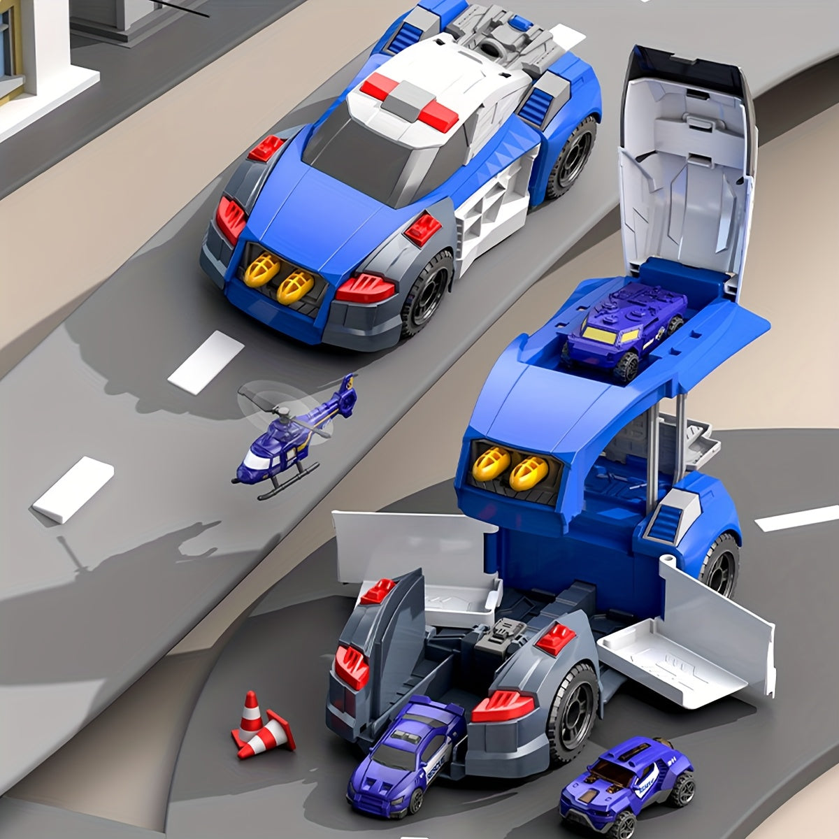 5 in 1 Politie Auto Speelset – Transformerend Vrachtwagen Met Helikopter & Mini Auto’s