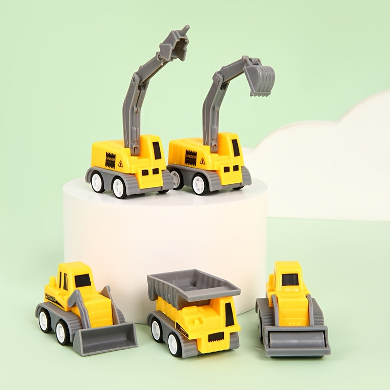 A set van 6 miniatuur bouwvoertuigen speelgoedsets, met handvat en gele kraan, graafmachine en truckmodellen – perfect als kerstcadeau, feestverrassing of taartdecoratie