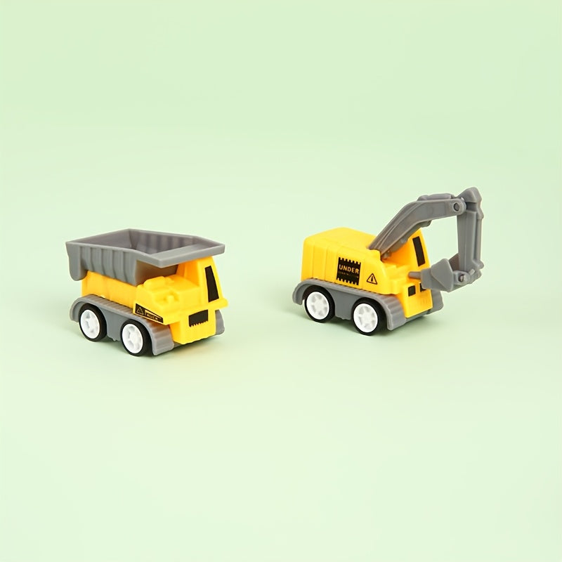 A set van 6 miniatuur bouwvoertuigen speelgoedsets, met handvat en gele kraan, graafmachine en truckmodellen – perfect als kerstcadeau, feestverrassing of taartdecoratie