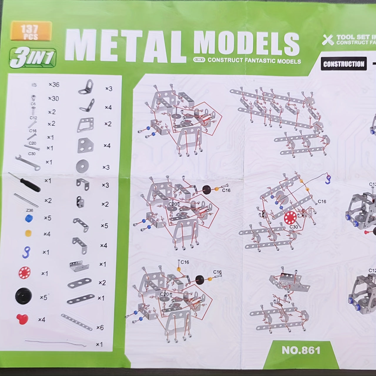 3-in-1 bouwset van 137 metalen onderdelen - Educatief speelgoed, ideaal als verjaardagscadeau.