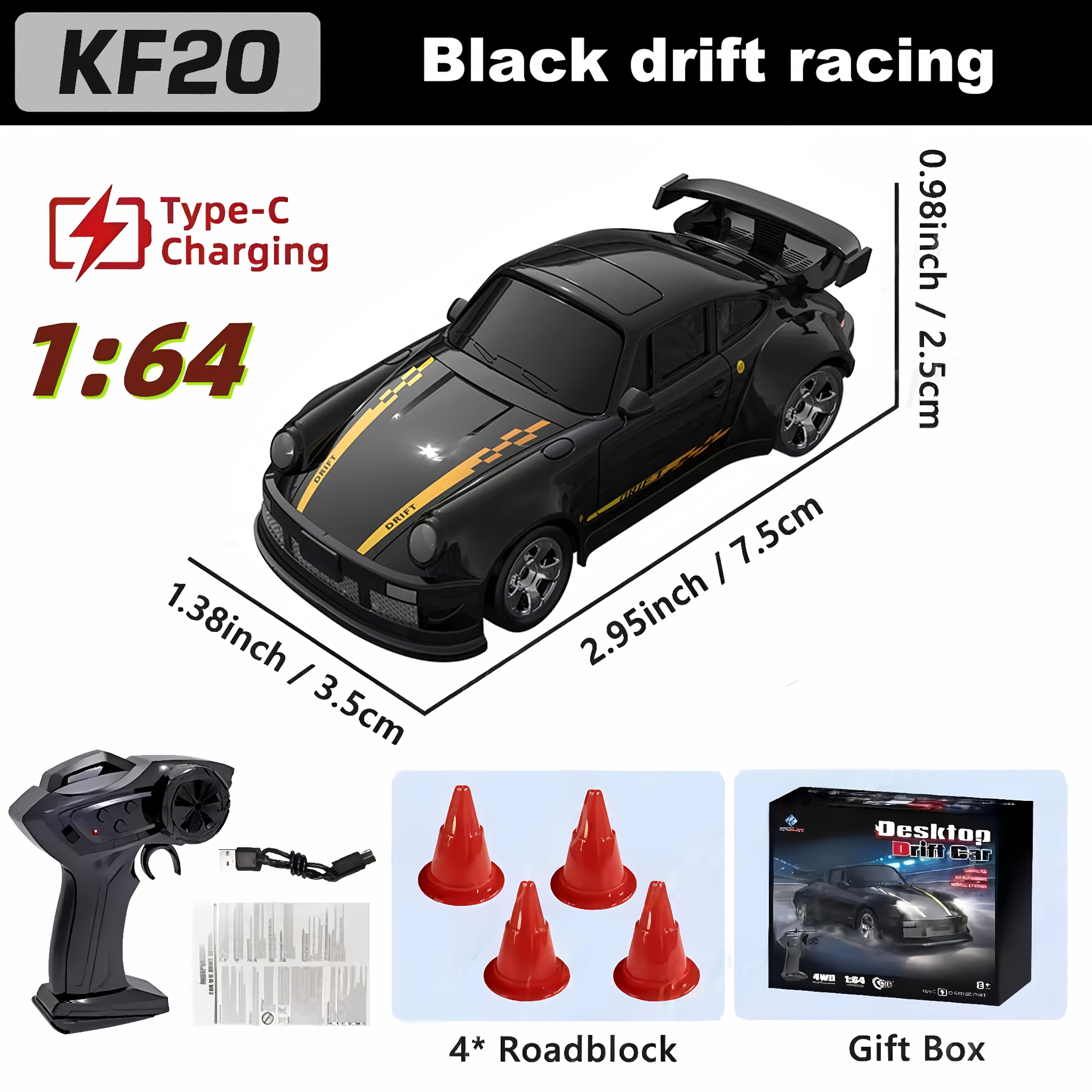1/64 RC Drift Auto | 2.4GHz Afstandsbediening, LED, USB-C Snelladen, Raceauto