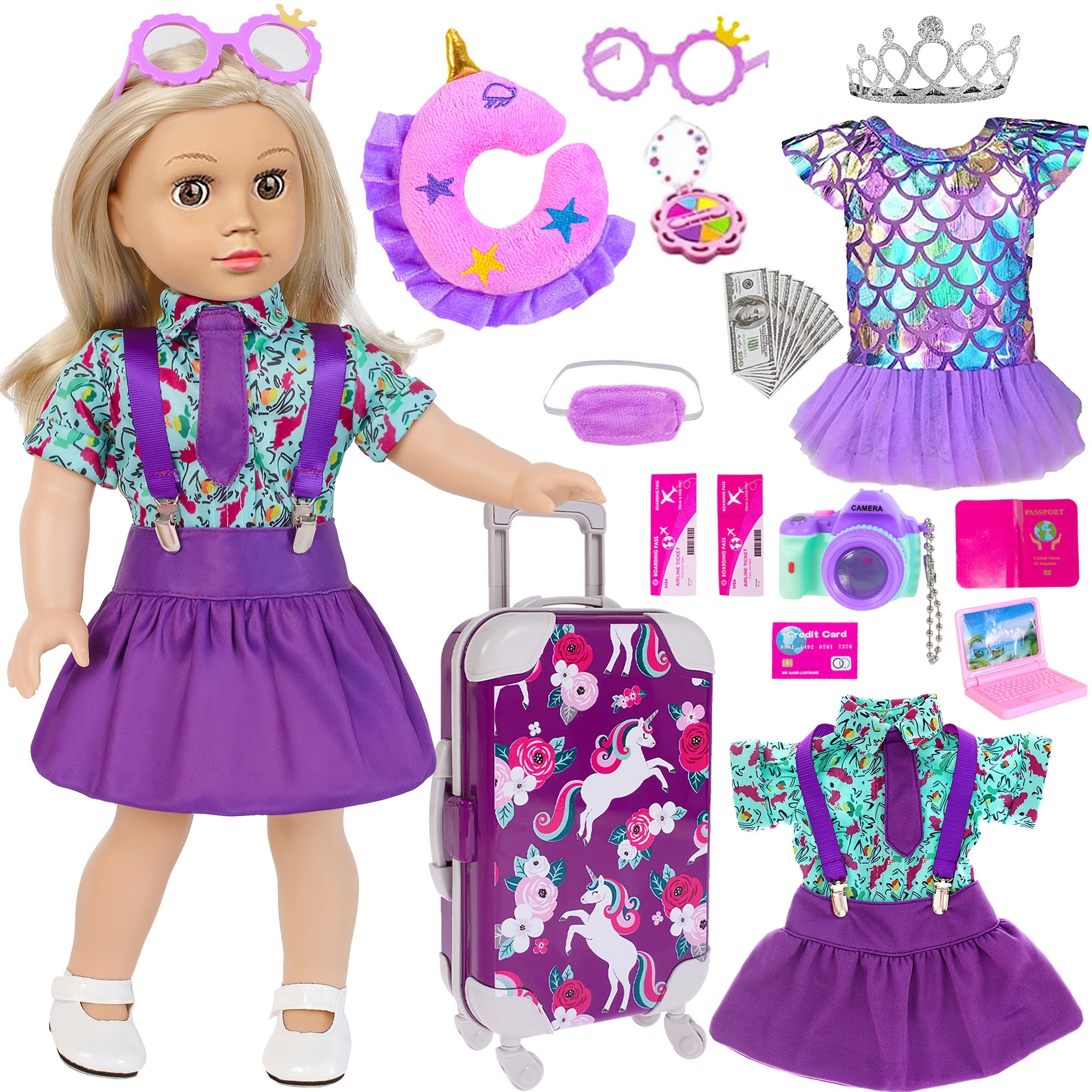 Set van 25 Accessoires voor 18-Inch Amerikaanse Pop - Koffer, Kussen, Camera en Zonnebril - Ideaal Cadeau voor Kinderen