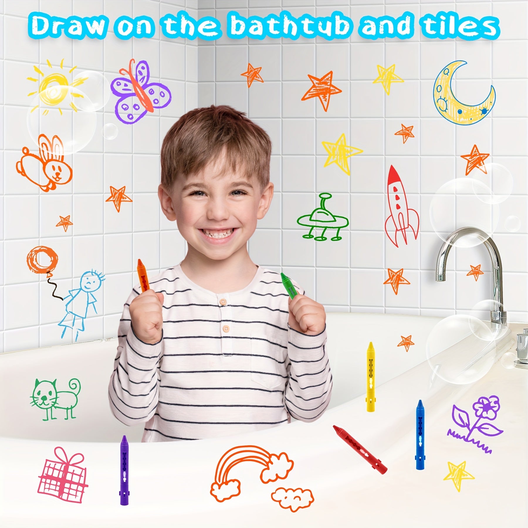 12-delige Wasbare Badkrijt Set | Levendige, Niet-Giftige Badkamer Markers, Ruimte-Thema Speelgoed, Gemakkelijk Schoon te Maken, Perfect voor Jonge Kinderen