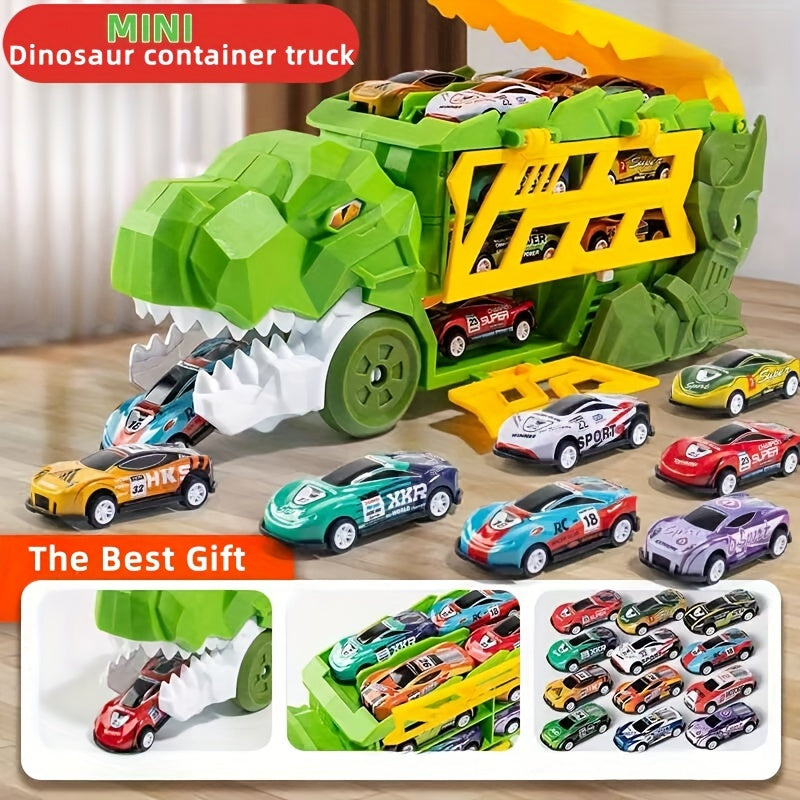 Dinosaurus Transporter Truck met Vouwbare Racebaan & Legering Auto's | Wind-Aangedreven Dino Vrachtwagen | Perfect Cadeau voor Kinderen 3-7 | Blauw & Groen | Educatief Speelgoed