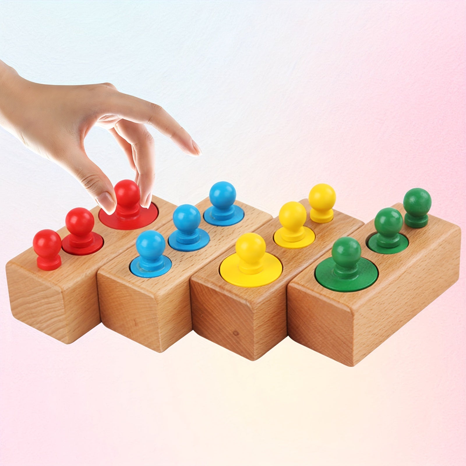 4-delige Houten Cilinderblokken Set met Knoppen | Sensorisch Educatief Speelgoed | Geschikt voor Peuters vanaf 3 Jaar