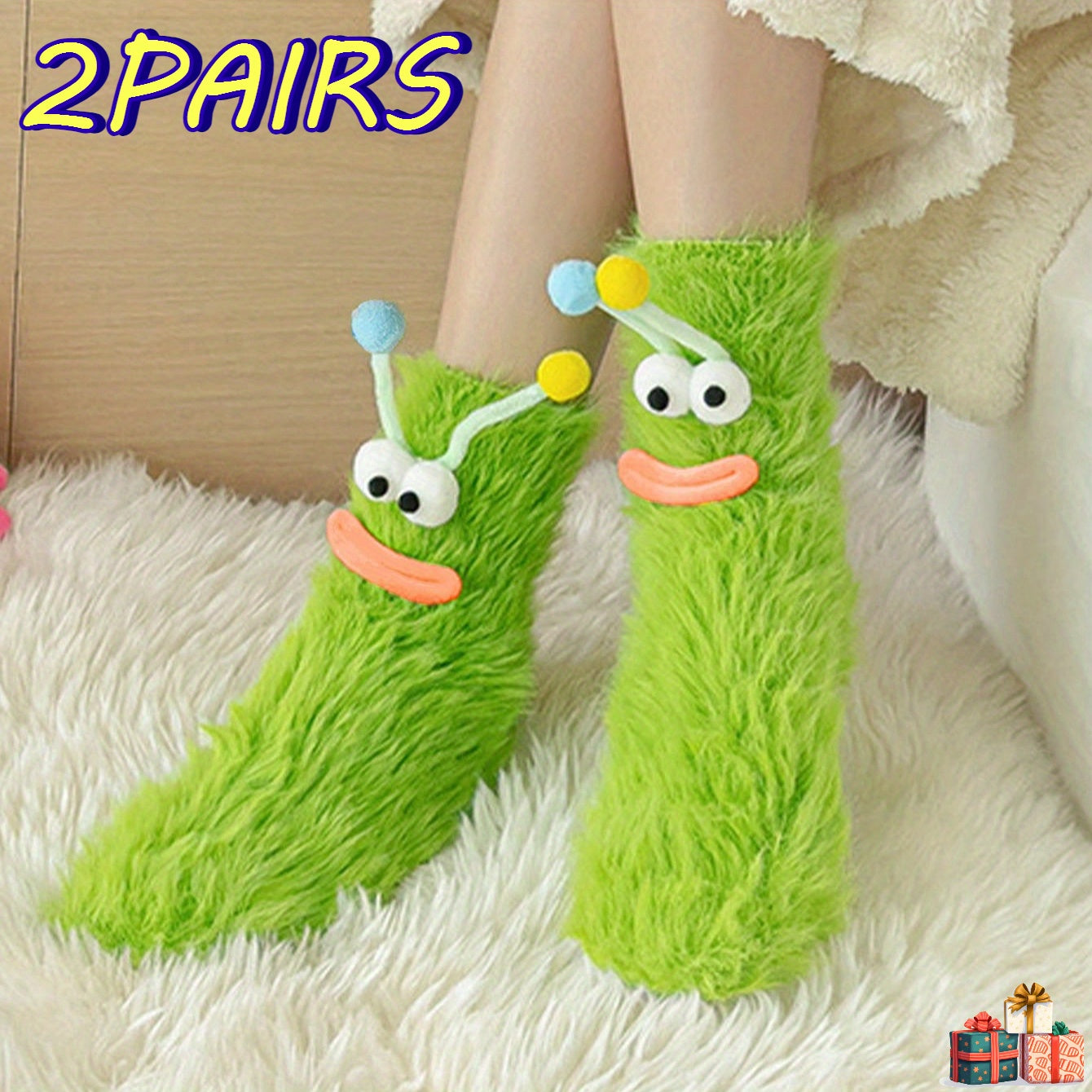 Set van 2 grappige sokken - zachte warme mid-calf dames sokken met grote ogen & mond design