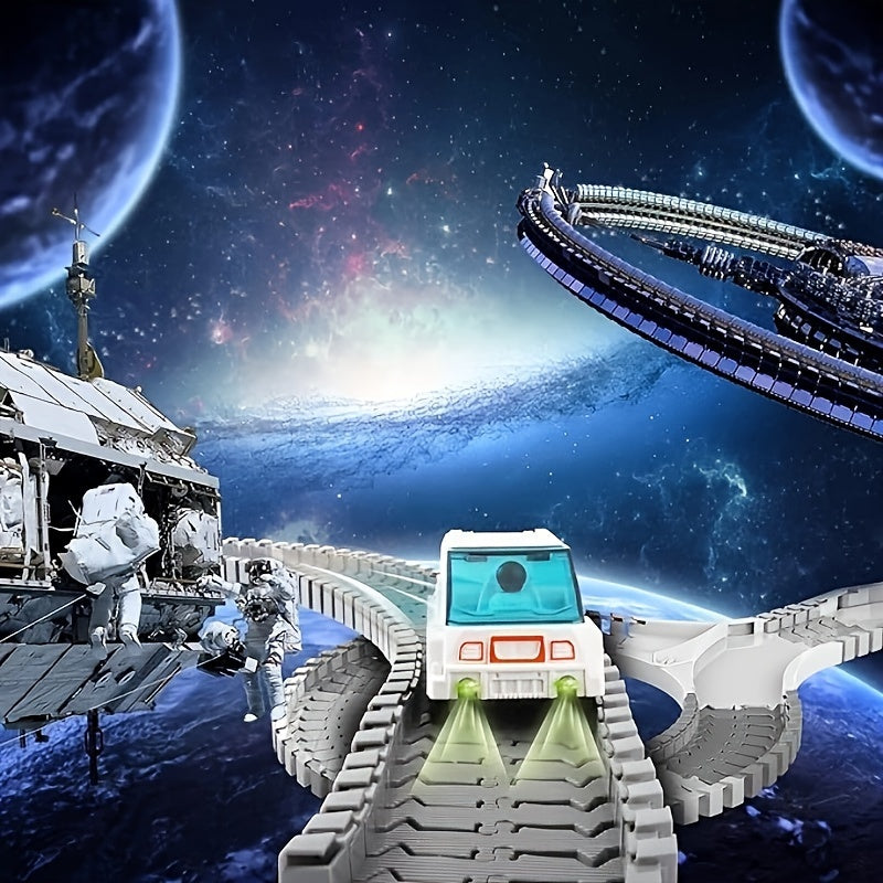 Ruimte Speelgoed voor Kinderen - 204-delige Treinspeelset voor Jongens & Meisjes 4-8 Jaar, Mini Sterrenprojector, Lichtgevende Auto en Astronaut Poppen, Flexibel Racebaan Set - Perfect voor Halloween & Kerst