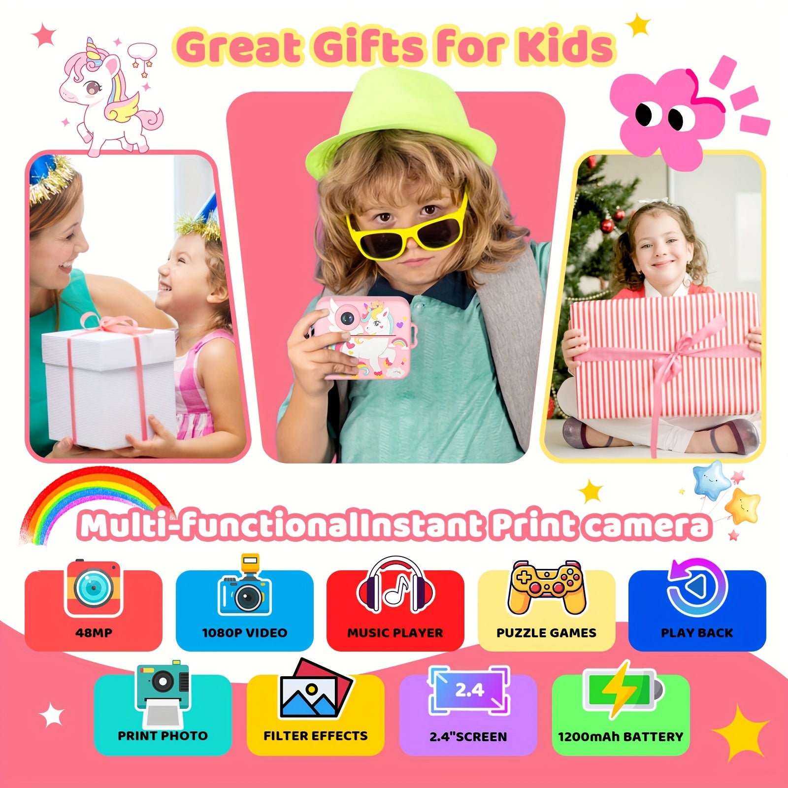 Direct-Klaar Printcamera voor Kinderen van 3-12 Jaar - Digitaal Fototoestel met Selfiecamera voor Jongens en Meisjes - Creatief Speelgoed Cadeau Inclusief Printrollen en Stiften