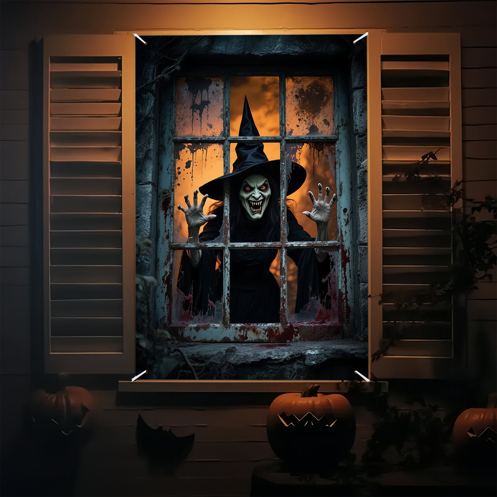 Halloween Party Banner | Grote polyester wanddecoratie met heks design, 200x120 cm, indoor/outdoor