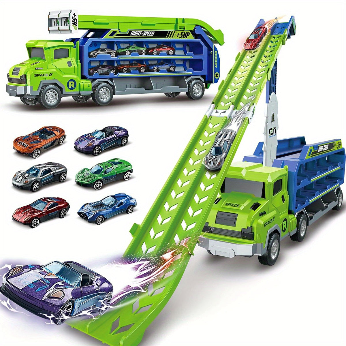 Dino Transport Truck & Racebaan Speelgoed | Wrijvingsvoertuig met Uitklapbare Racebaan | Inclusief Auto's | Cadeau voor 3-6 Jaar