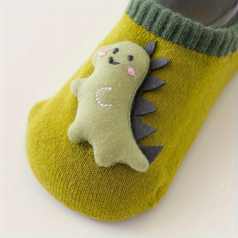 3 Paar Baby Jongens Cartoon Dieren Dino Decor Onderkant Rubberen Antislip Sportsokken | Comfortabele, Ademend Zachte Sokken voor Baby's