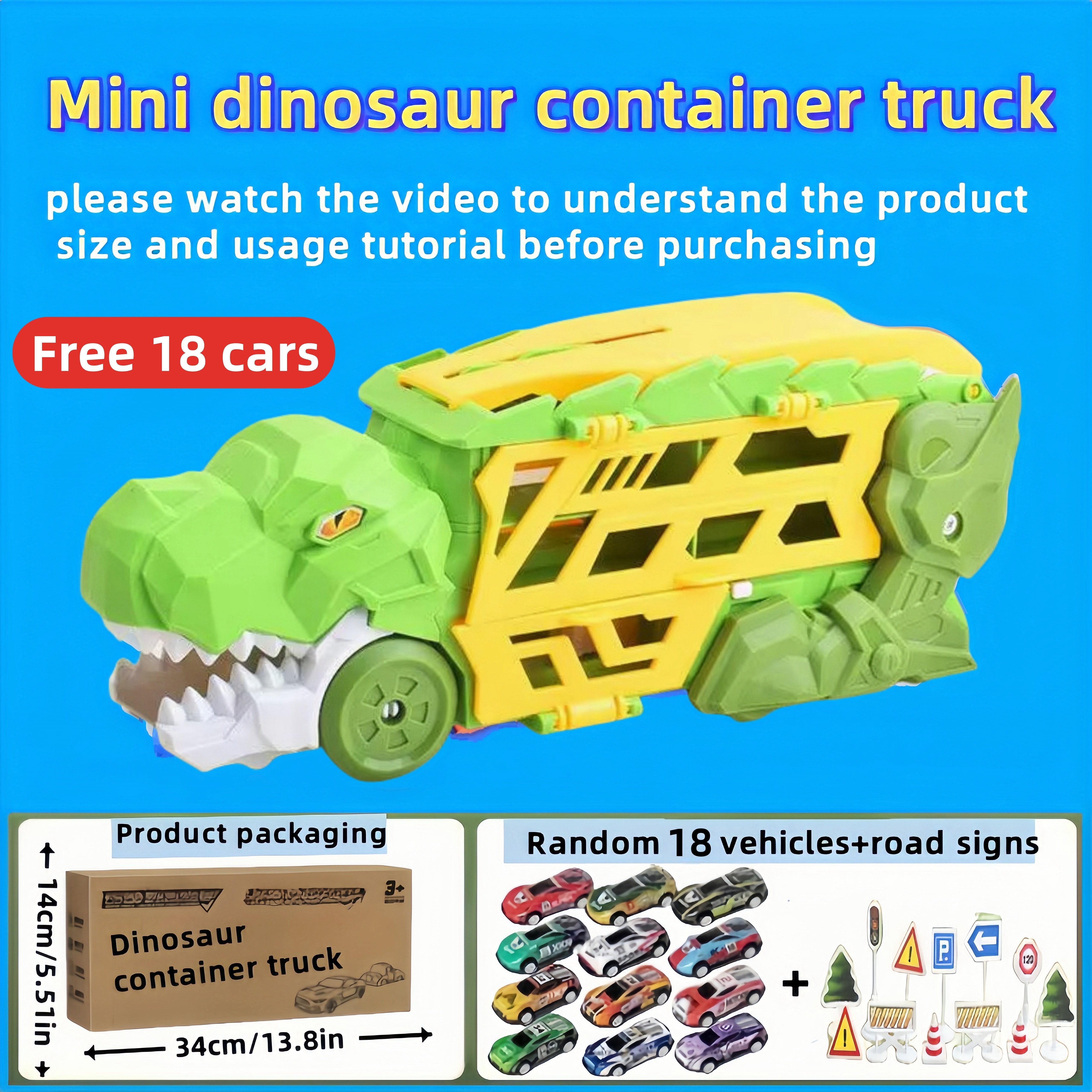 Dinosaurus Transporter Truck met Vouwbare Racebaan & Legering Auto's | Wind-Aangedreven Dino Vrachtwagen | Perfect Cadeau voor Kinderen 3-7 | Blauw & Groen | Educatief Speelgoed