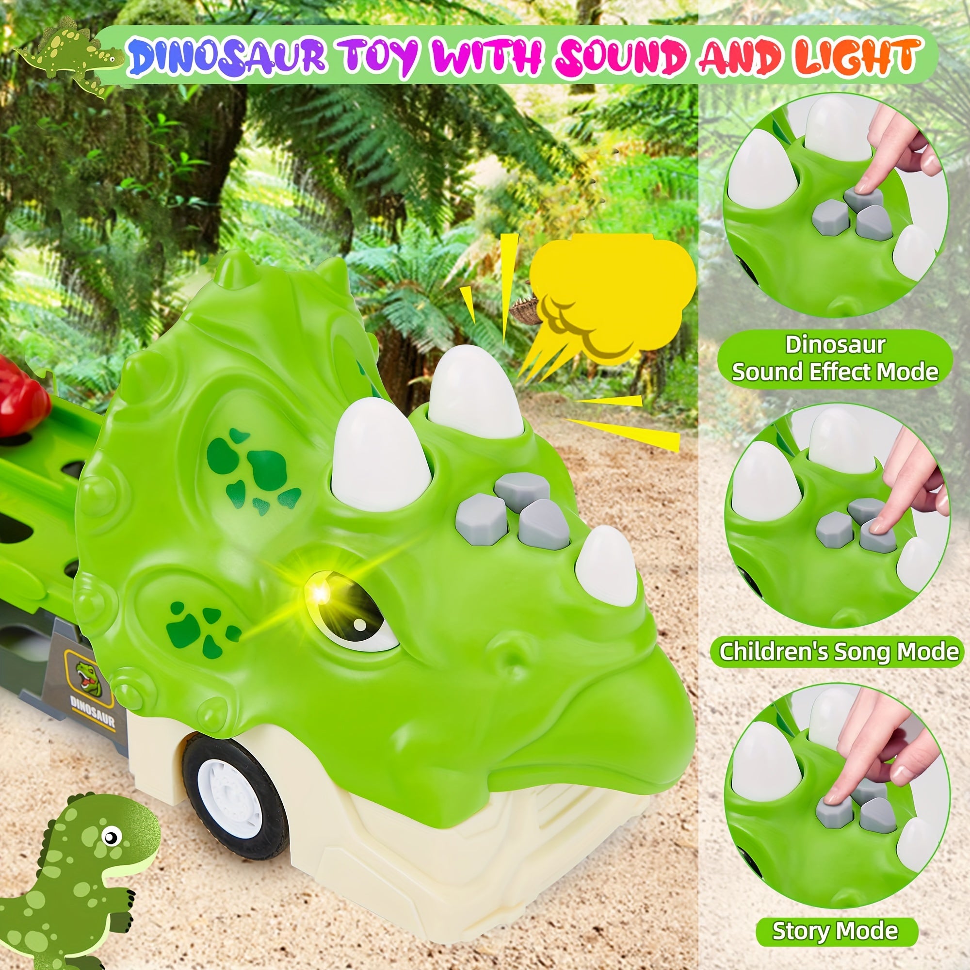 Dinosaurus Speelgoed voor Jongens van 3-5 Jaar, Triceratop Transport Vrachtwagen met 6 Dinosaurus Auto's, Activiteit Speelmat, Jurassic World Park Dinosaurus Speelgoed Set voor Peuter Verjaardag