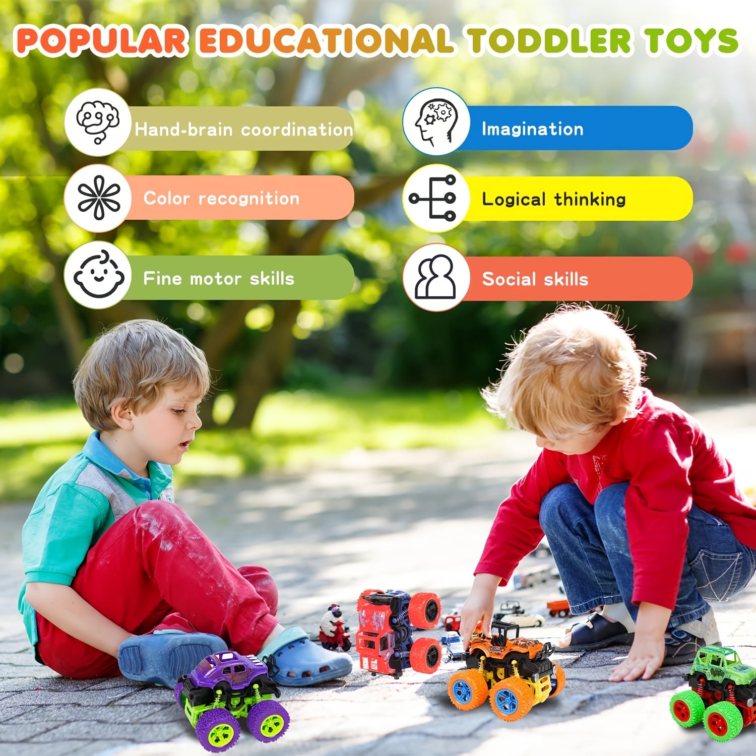 4x Wrijvingsmonstertrucks | Push & Go Inertia Auto’s met 360° Rotatie, Cadeau 3+ Jaar