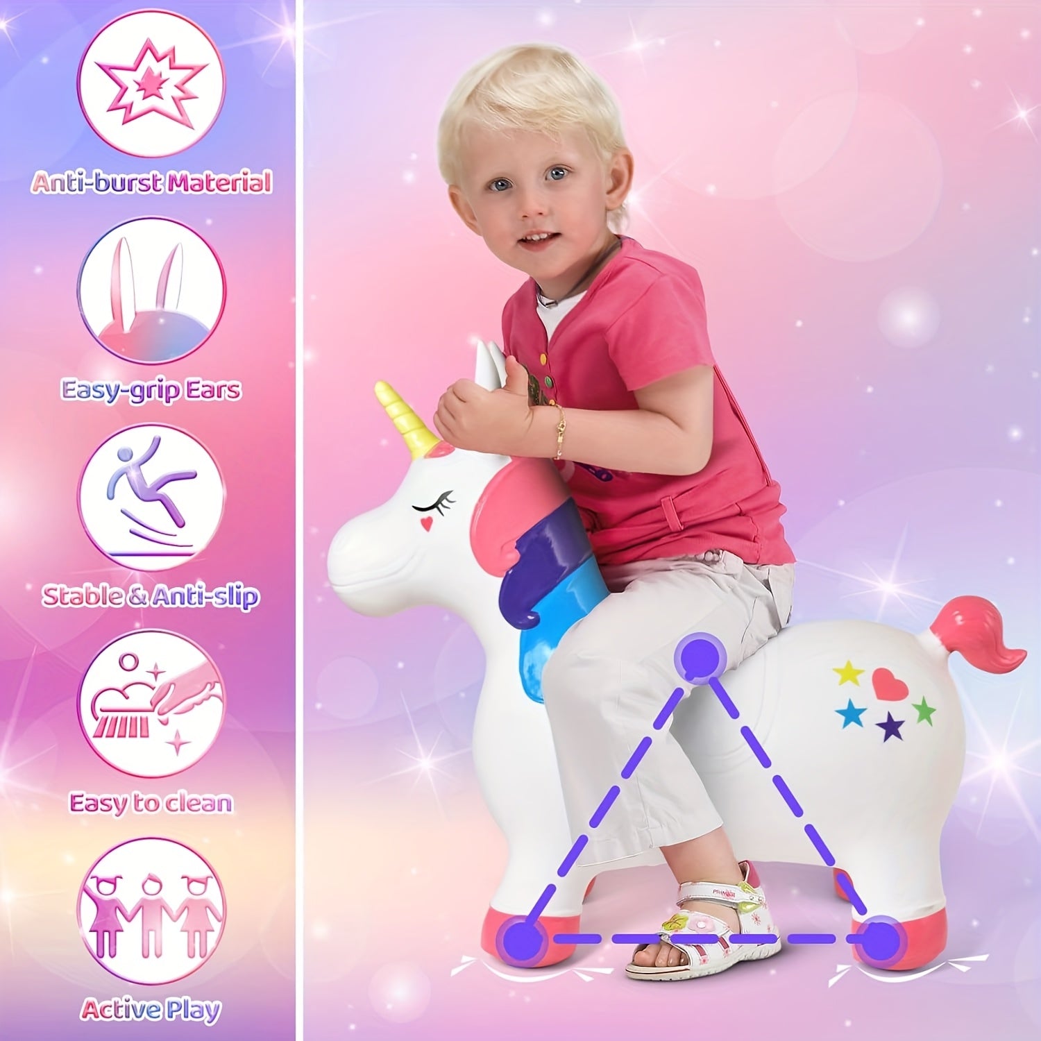 Opblaasbaar eenhoorn springpaard | Duurzaam PVC, kleurrijk ontwerp, cadeau voor 1e verjaardag