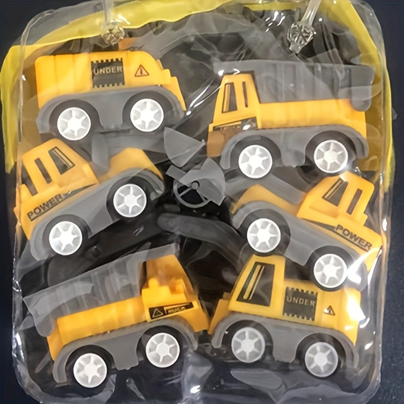A set van 6 miniatuur bouwvoertuigen speelgoedsets, met handvat en gele kraan, graafmachine en truckmodellen – perfect als kerstcadeau, feestverrassing of taartdecoratie