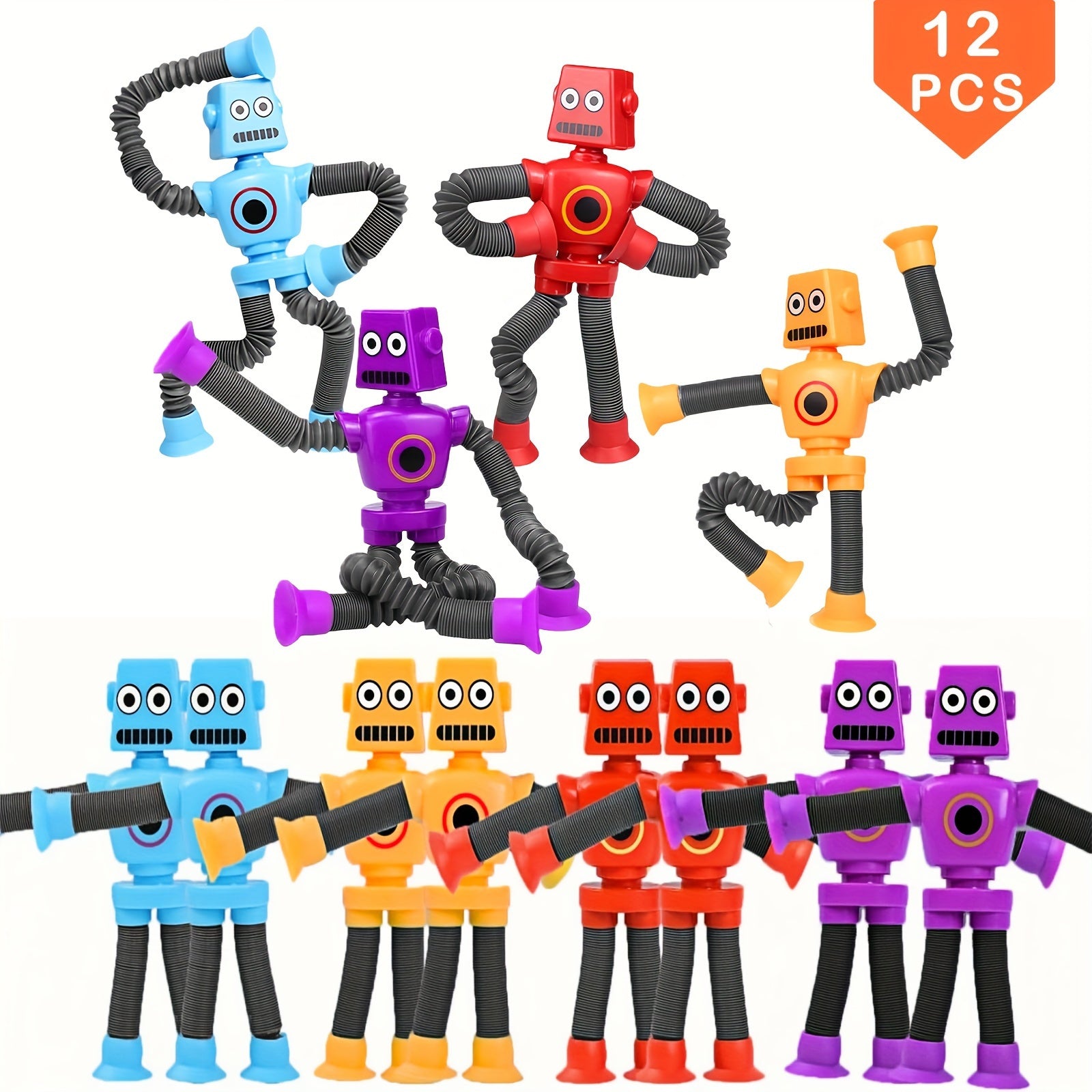 12x Uitrekbare Robot Speeltjes | Met Zuignap | Sensorisch Fidget Speelgoed