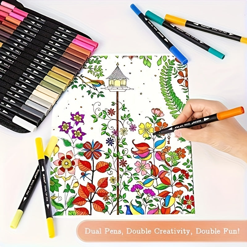 Dual Brush Art Markers | 60 Kleuren | Flexibele Borstel & Fijne Punt | Voor Kleuren, Journaling & Schetsen