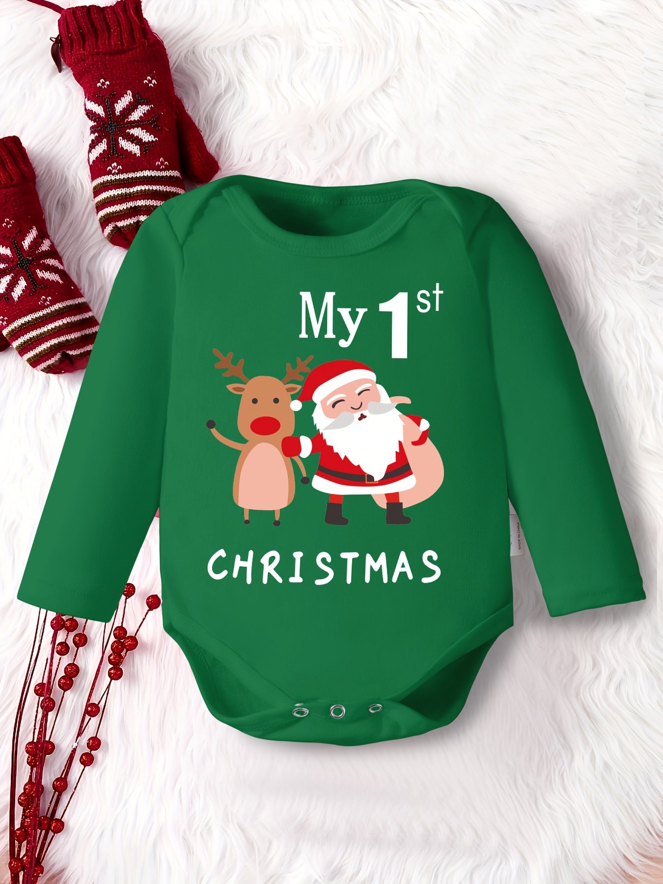 'Mijn 1e Kerst' Kerstman Print Romper met Lange Mouwen voor Kinderen | Zachte, Comfortabele Polyester Baby Onesie voor Kerstmis, Dagelijks Gebruik, Feestdagen en Fotoshoots