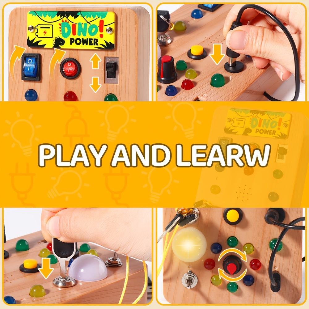 Dino Power Busy Board | ABS-materiaal, LED-verlichting, circuitbord speelgoed. Stimuleert focus, hand-oogcoördinatie en kleurenherkenning. Vanaf 18 maanden.