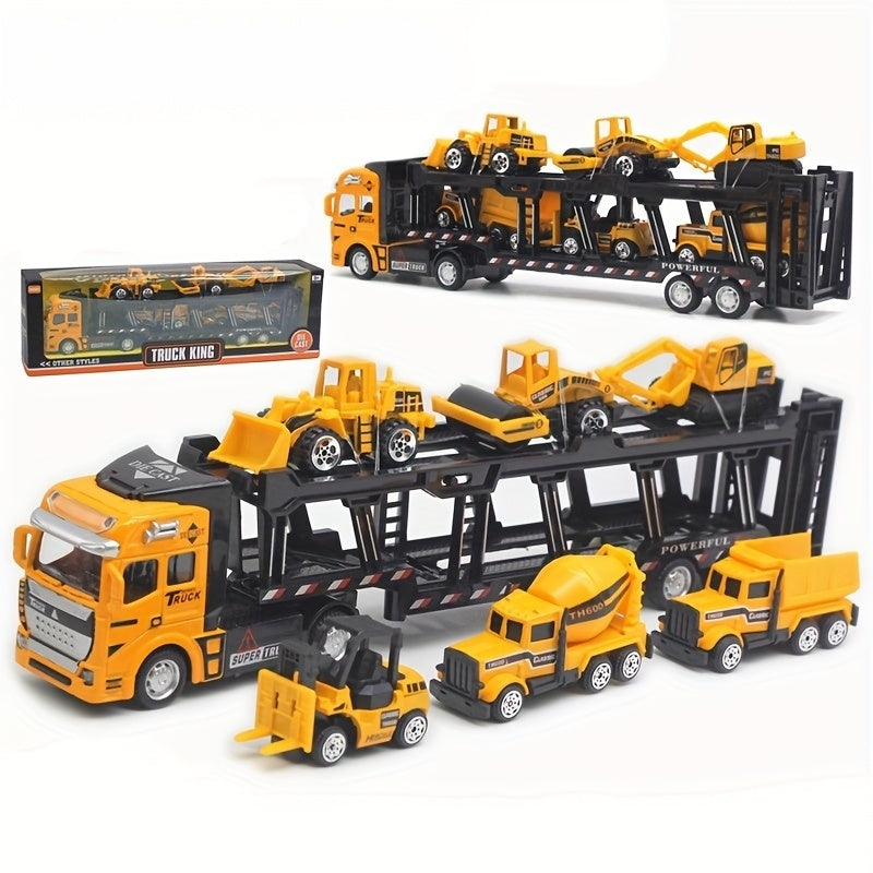 32cm Die-Cast Truck Set | 1x Vrachtwagen + 6 Mini Bouwvoertuigen | Vanaf 3 Jaar