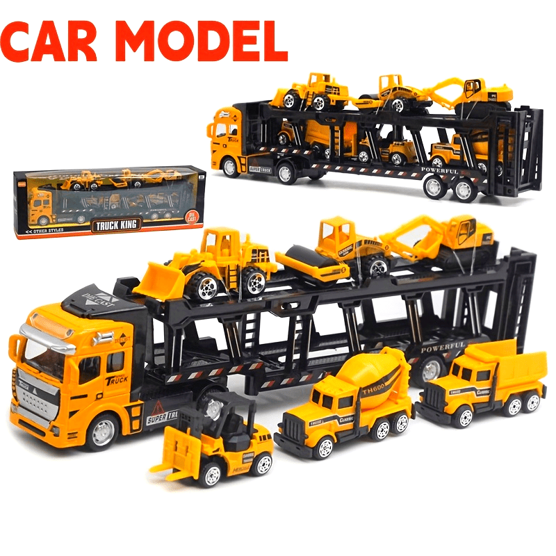 32cm Die-Cast Truck Set | 1x Vrachtwagen + 6 Mini Bouwvoertuigen | Vanaf 3 Jaar