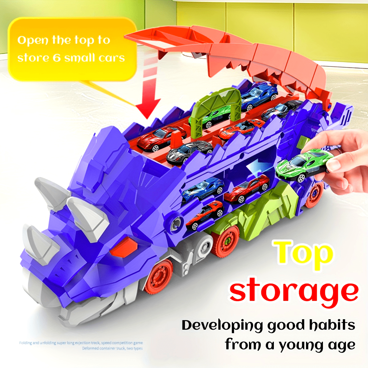 Triceratops Transport Truck 3-in-1 Speelset | Transformeerbaar Spoorweg-Lanceervoertuig | Inclusief Meerdere Metaalauto’s | Voor 3+ Jaar | Paars & Groen