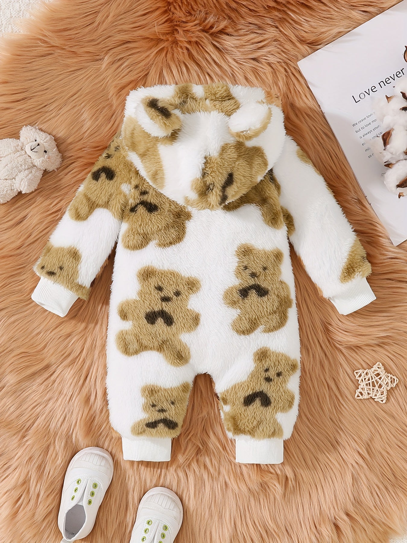 Knuffelige Beer Geborduurde Warme Gevoerde Romper met Capuchon | Onesies Bodysuit voor Peuters