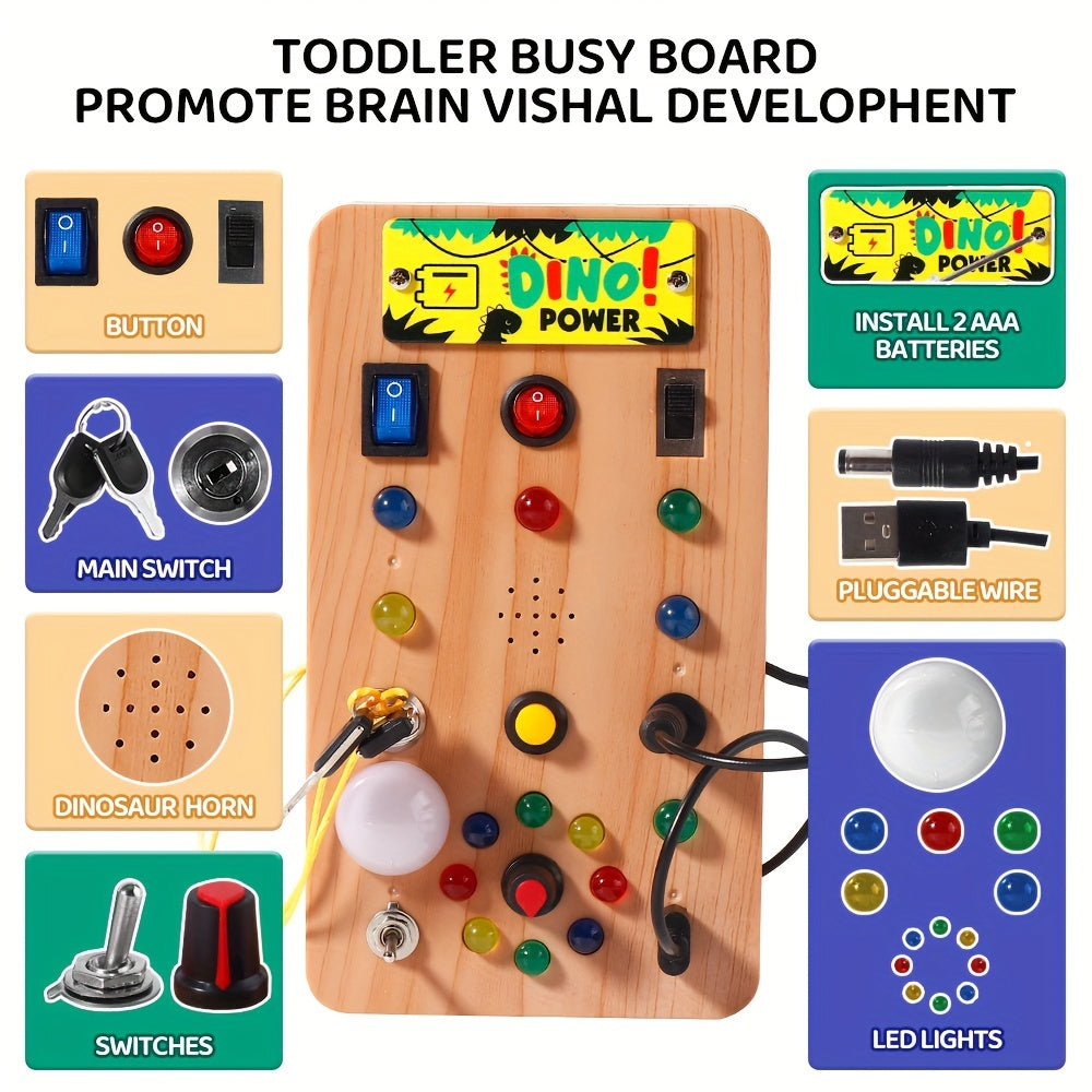 Dino Power Busy Board | ABS-materiaal, LED-verlichting, circuitbord speelgoed. Stimuleert focus, hand-oogcoördinatie en kleurenherkenning. Vanaf 18 maanden.