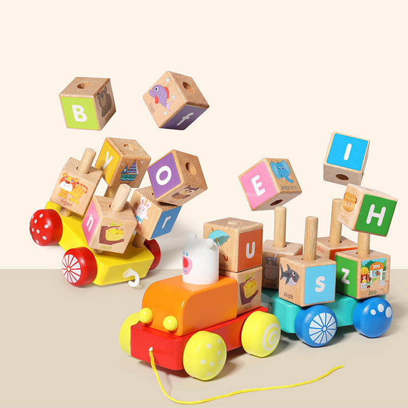 Trekspeelgoed houten trein, set van 26 stuks met alfabet blokken.